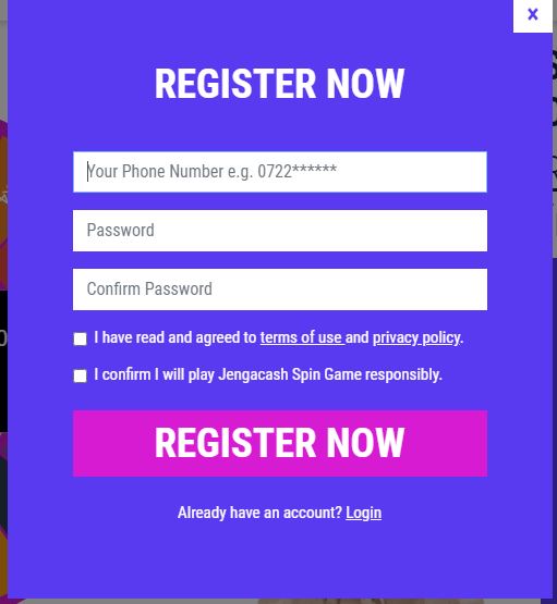 Jengacash Registration page